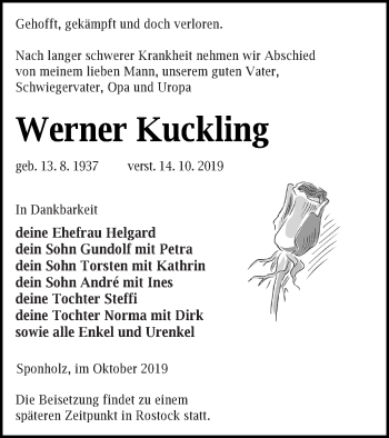 Traueranzeige von Werner Kuckling von Neubrandenburger Zeitung