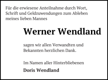 Traueranzeige von Werner Wendland von Prenzlauer Zeitung