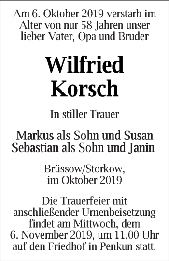 Traueranzeige von Wilfried Korsch von Pasewalker Zeitung