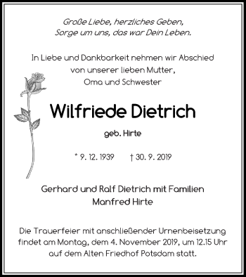 Traueranzeige von Wilfriede Dietrich von Templiner Zeitung