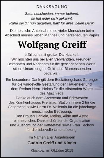 Traueranzeige von Wolfgang Greiff von Prenzlauer Zeitung