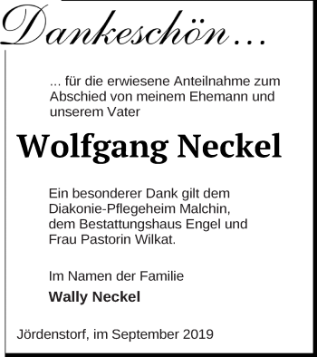 Traueranzeige von Wolfgang Neckel von Mecklenburger Schweiz