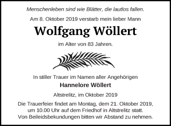 Traueranzeige von Wolfgang Wöllert von Strelitzer Zeitung