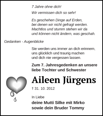 Traueranzeige von Aileen Jürgens von Müritz-Zeitung