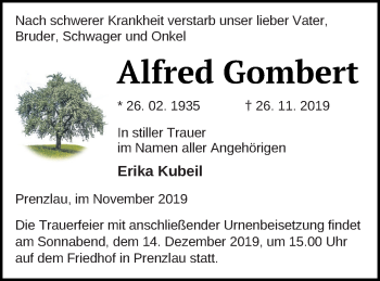 Traueranzeige von Alfred Gombert von Prenzlauer Zeitung