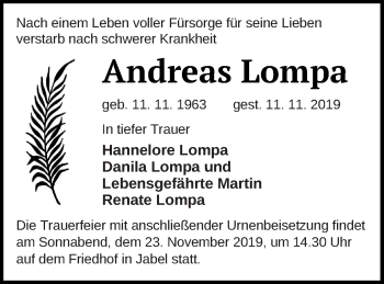 Traueranzeige von Andreas Lompa von Müritz-Zeitung