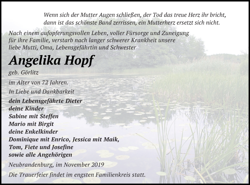  Traueranzeige für Angelika Hopf vom 14.11.2019 aus Neubrandenburger Zeitung
