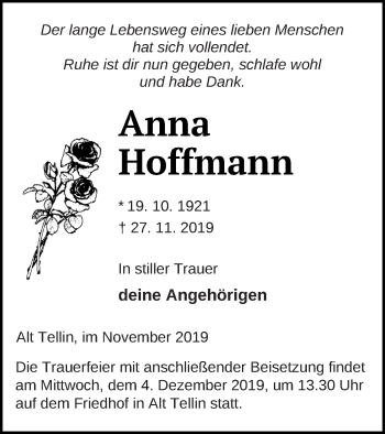 Traueranzeige von Anna Hoffmann von Vorpommern Kurier