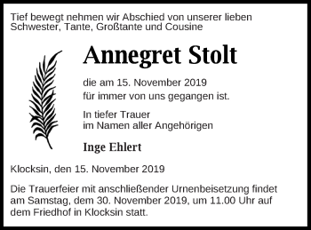 Traueranzeige von Annegret Stolt von Müritz-Zeitung