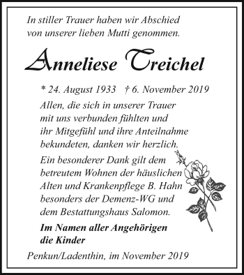 Traueranzeige von Anneliese Treichel von Pasewalker Zeitung