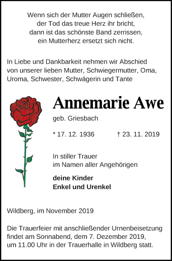 Traueranzeige von Annemarie Awe von Neubrandenburger Zeitung