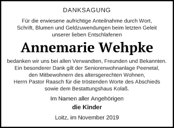 Traueranzeige von Annemarie Wehpke von Vorpommern Kurier