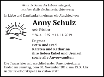 Traueranzeige von Anny Schulz von Demminer Zeitung