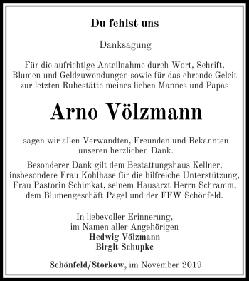 Traueranzeige von Arno Völzmann von Pasewalker Zeitung