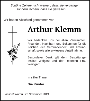 Traueranzeige von Arthur Klemm von Müritz-Zeitung