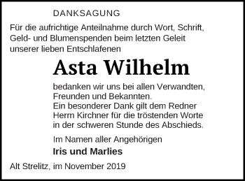 Traueranzeige von Asta Wilhelm von Strelitzer Zeitung