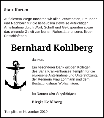 Traueranzeige von Bernhard Kohlberg von Templiner Zeitung