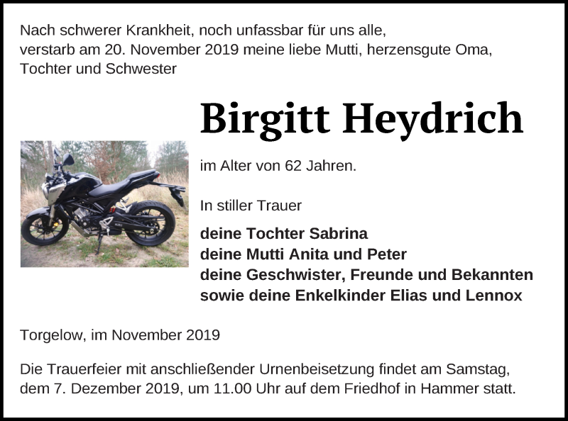  Traueranzeige für Birgitt Heydrich vom 29.11.2019 aus Haff-Zeitung