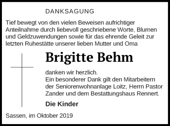 Traueranzeige von Brigitte Behm von Vorpommern Kurier