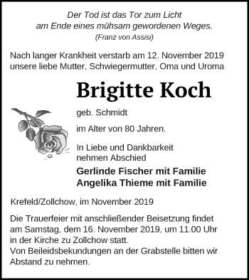 Traueranzeige von Brigitte Koch von Prenzlauer Zeitung