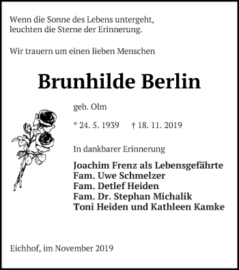 Traueranzeige von Brunhilde Berlin von Haff-Zeitung