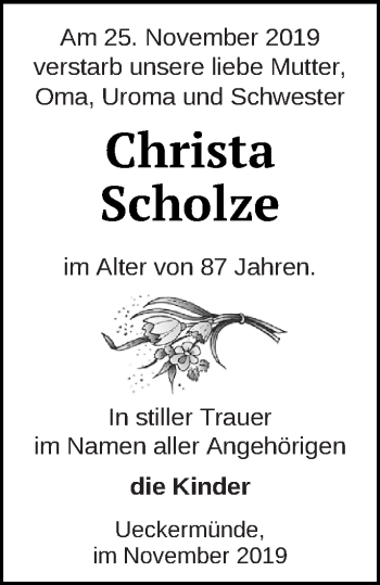 Traueranzeige von Christa Scholze von Haff-Zeitung