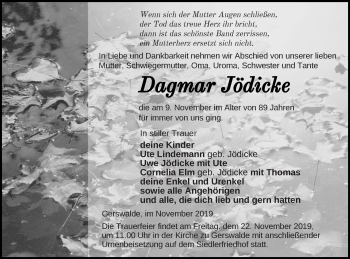 Traueranzeige von Dagmar Jödicke von Templiner Zeitung