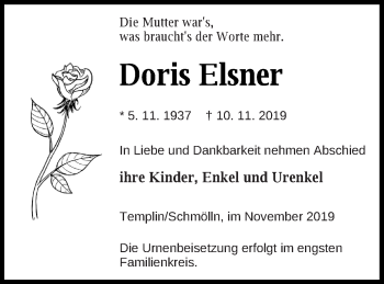 Traueranzeige von Doris Elsner von Prenzlauer Zeitung