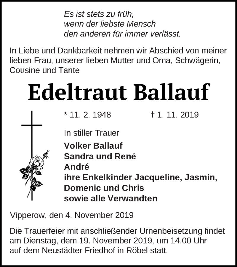  Traueranzeige für Edeltraut Ballauf vom 08.11.2019 aus Müritz-Zeitung