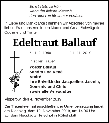 Traueranzeige von Edeltraut Ballauf von Müritz-Zeitung