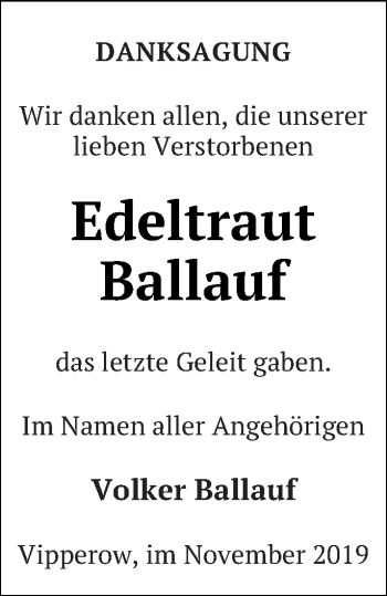 Traueranzeige von Edeltraut Ballauf von Müritz-Zeitung