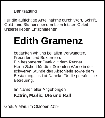 Traueranzeige von Edith Gramenz von Müritz-Zeitung