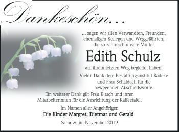 Traueranzeige von Edith Schulz von Vorpommern Kurier