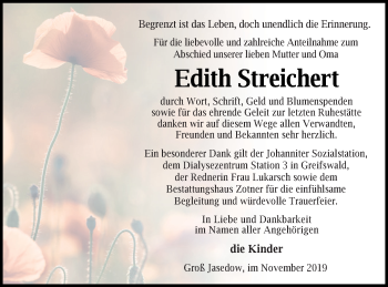 Traueranzeige von Edith Streichert von Vorpommern Kurier