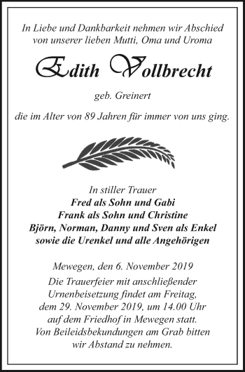 Traueranzeige von Edith Vollbrecht von Pasewalker Zeitung