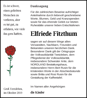 Traueranzeige von Elfriede Fitzthum von Neubrandenburger Zeitung