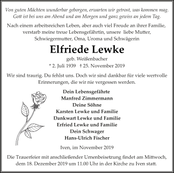 Traueranzeige von Elfriede Lewke von Vorpommern Kurier