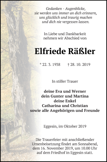 Traueranzeige von Elfriede Räßler von Haff-Zeitung