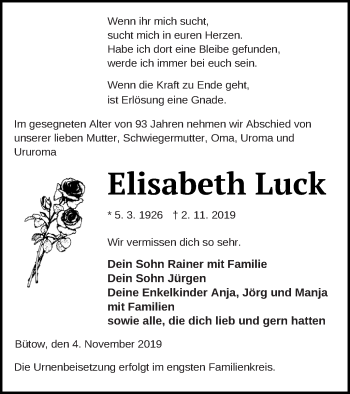 Traueranzeige von Elisabeth Luck von Müritz-Zeitung