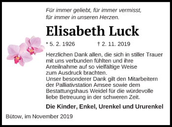 Traueranzeige von Elisabeth Luck von Müritz-Zeitung