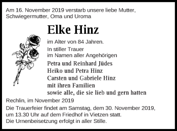 Traueranzeige von Elke Hinz von Müritz-Zeitung