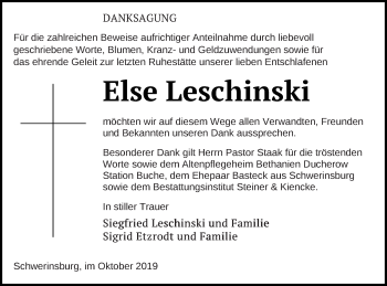 Traueranzeige von Else Leschinski von Vorpommern Kurier