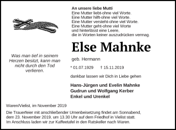 Traueranzeige von Else Mahnke von Müritz-Zeitung