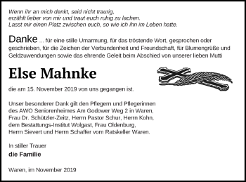 Traueranzeige von Else Mahnke von Müritz-Zeitung