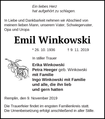 Traueranzeige von Emil Winkowski von Mecklenburger Schweiz