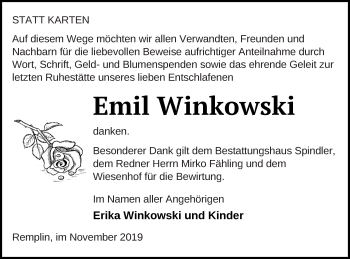 Traueranzeige von Emil Winkowski von Mecklenburger Schweiz