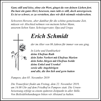 Traueranzeige von Erich Schmidt von Pasewalker Zeitung