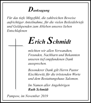 Traueranzeige von Erich Schmidt von Pasewalker Zeitung