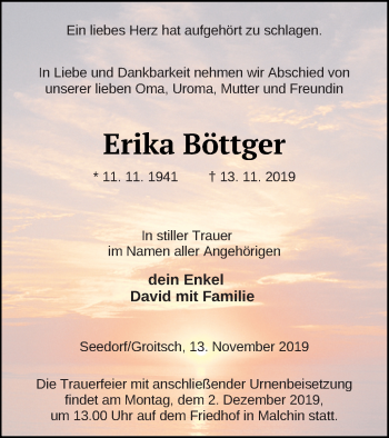 Traueranzeige von Erika Böttger von Mecklenburger Schweiz