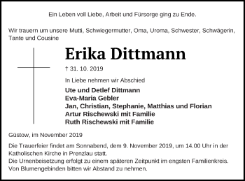 Traueranzeige von Erika Dittmann von Prenzlauer Zeitung